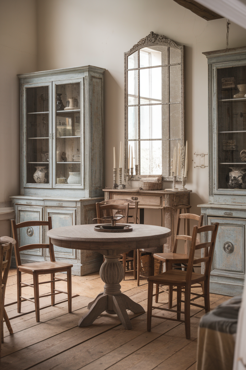A cozy dining area featuring weathered furniture with blue tones, a round table, and a large mirror reflecting natural light.
