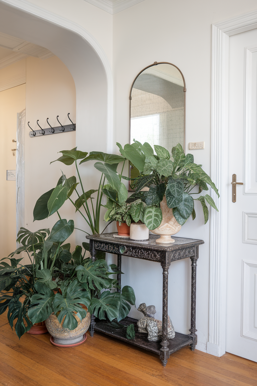 A cozy entrance featuring various potted plants, a stylish table, and a mirror