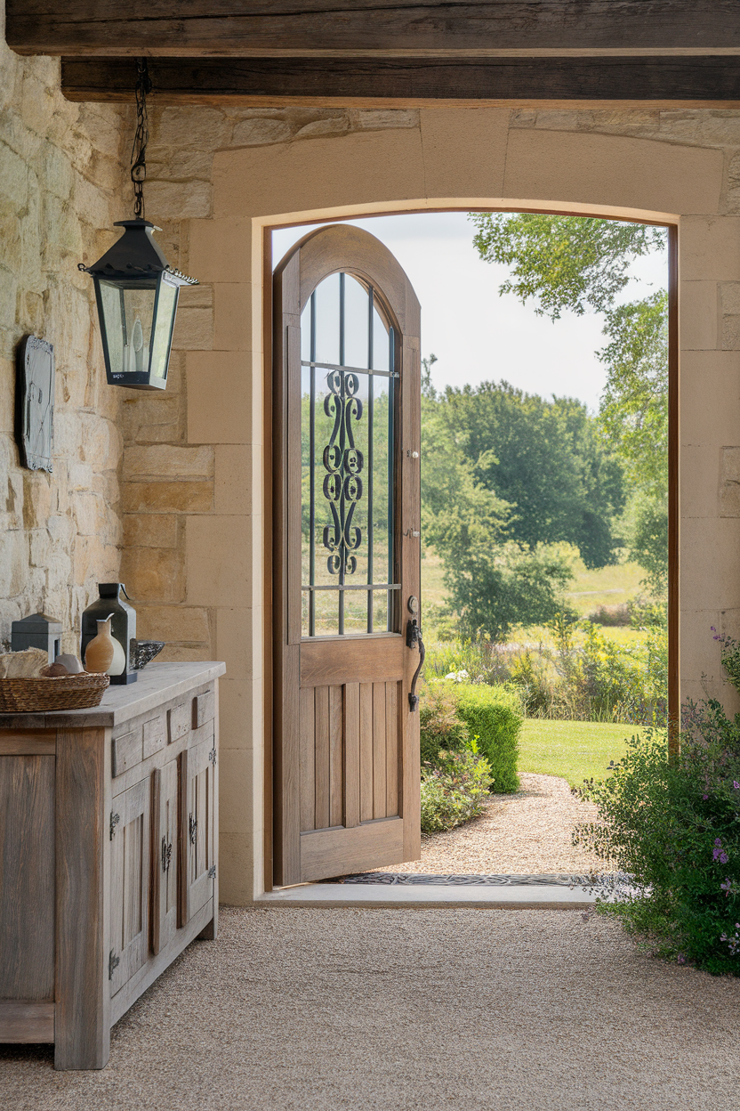 Welcoming entryway with a wooden door, stone walls, and a rustic console table.