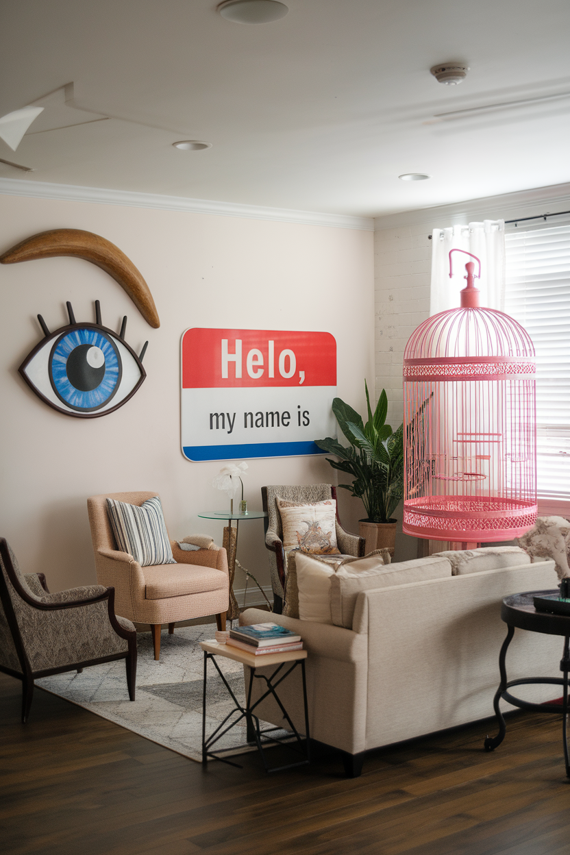 A cozy living room featuring whimsical decor accents including an oversized eye artwork and a pink birdcage.