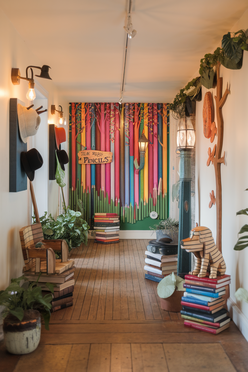 A colorful hallway with a pencil mural, stacked books, plants, and whimsical animal decor.