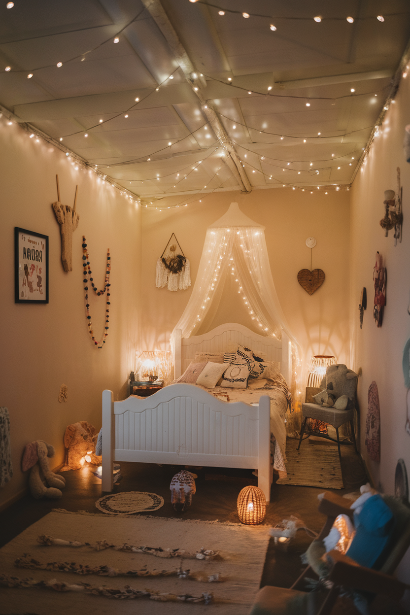 A cozy bedroom decorated with fairy lights and soft furnishings.