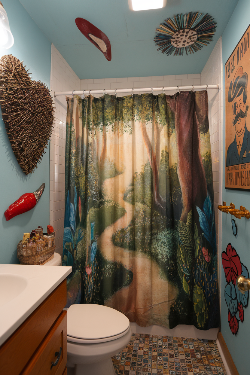 A whimsical bathroom with a nature-themed shower curtain, playful decor, and bright colors.