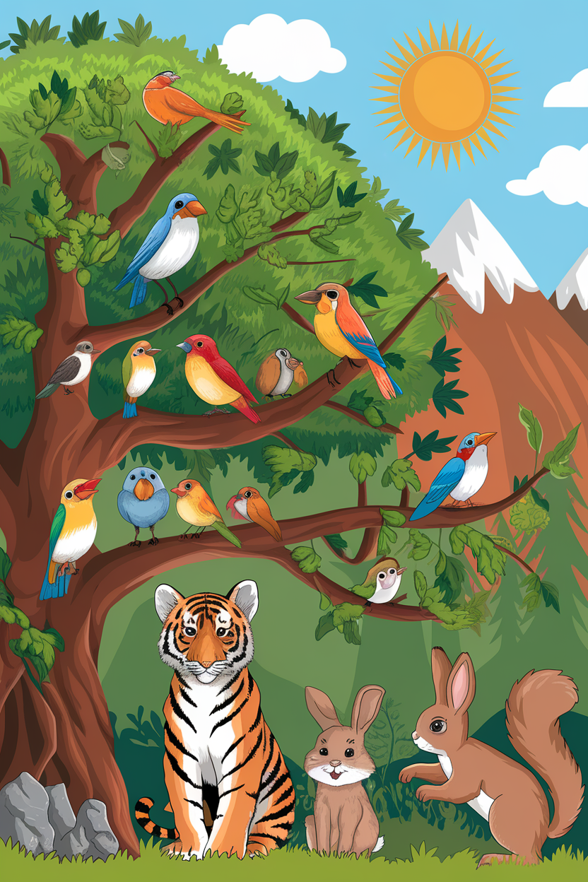 A vibrant wall mural featuring a tree with various colorful birds and playful animals like a tiger and rabbits.