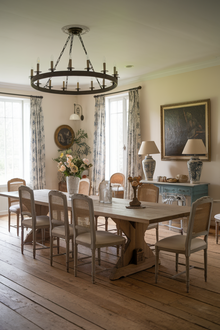 A dining area featuring a wrought iron chandelier, wooden table, and charming decor.