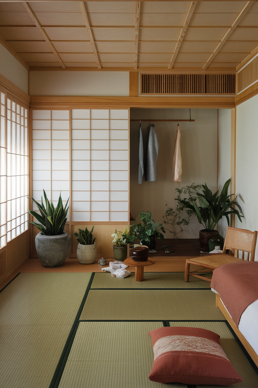 A serene room featuring wooden elements, plants, and tatami flooring.